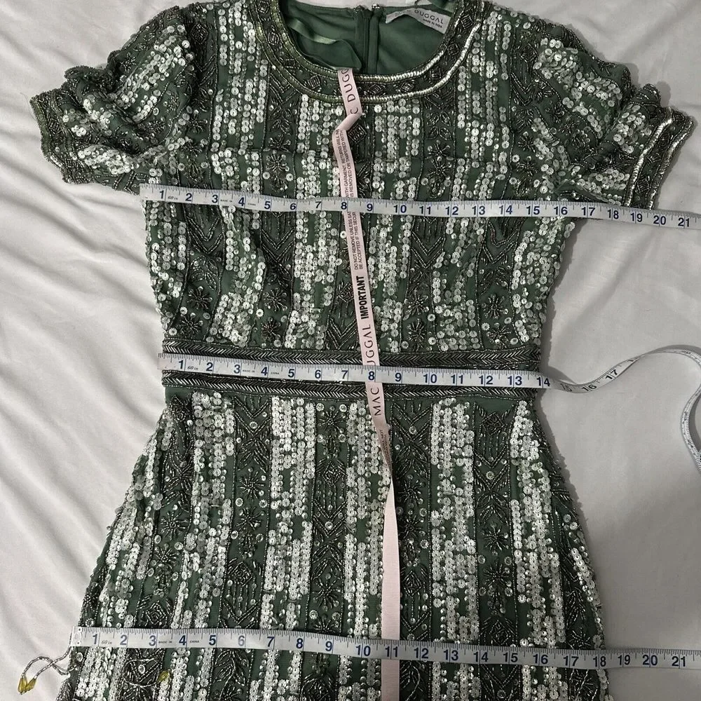 NWT Mac Duggal [ 8 ] 5980 High Neck Short‎ Sleev Crystal Fringe Dress Sage Q931